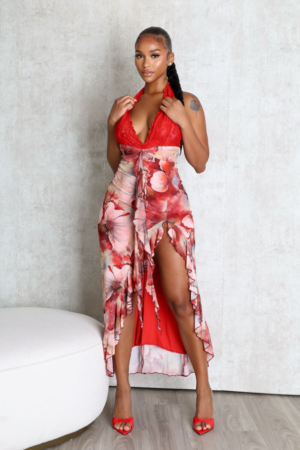 Fariah Print Lace Halter Ruffle Maxi Dress